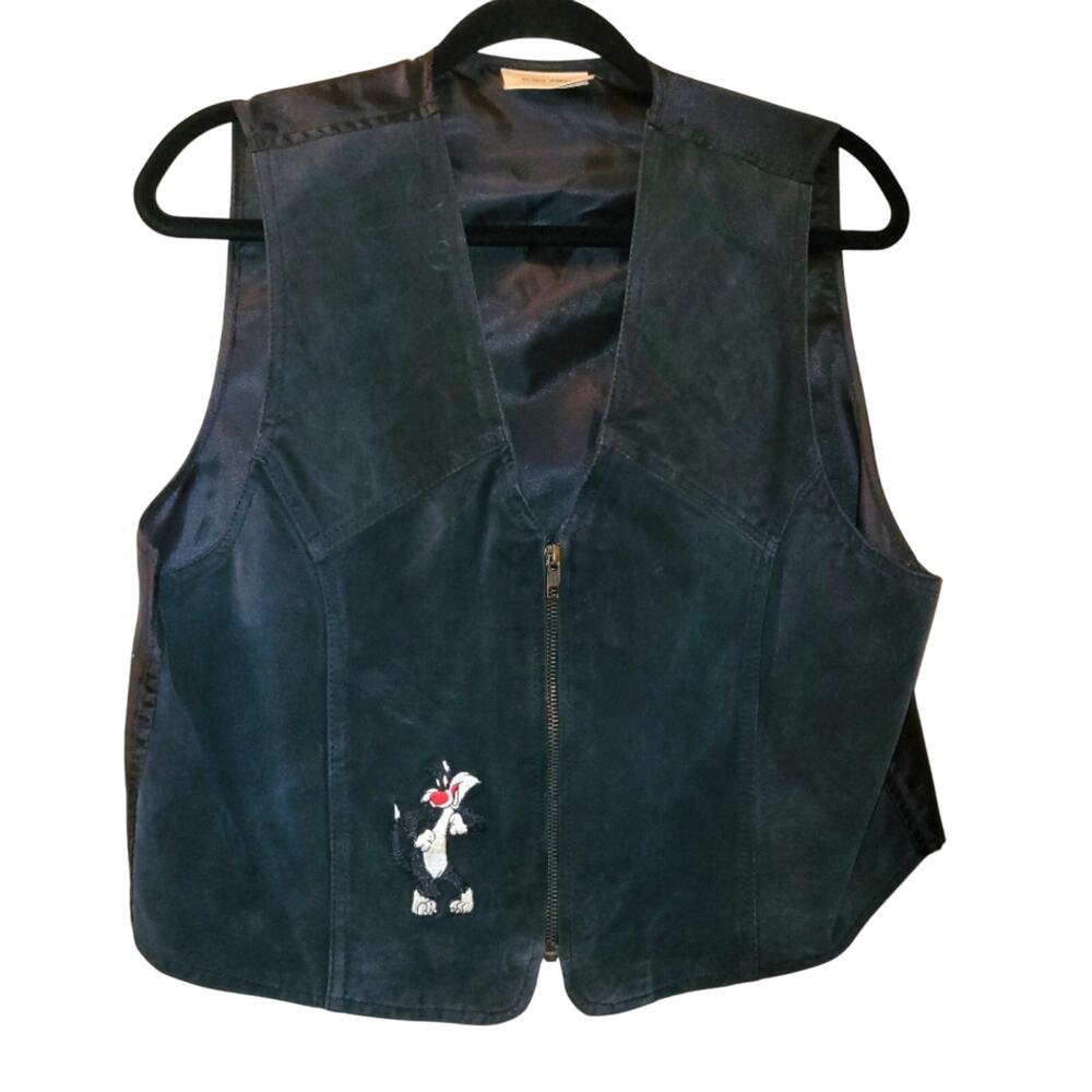Vintage 90s Womens Sued Leather Vest Sylvester Warner Bro. Looney Tunes  Black M